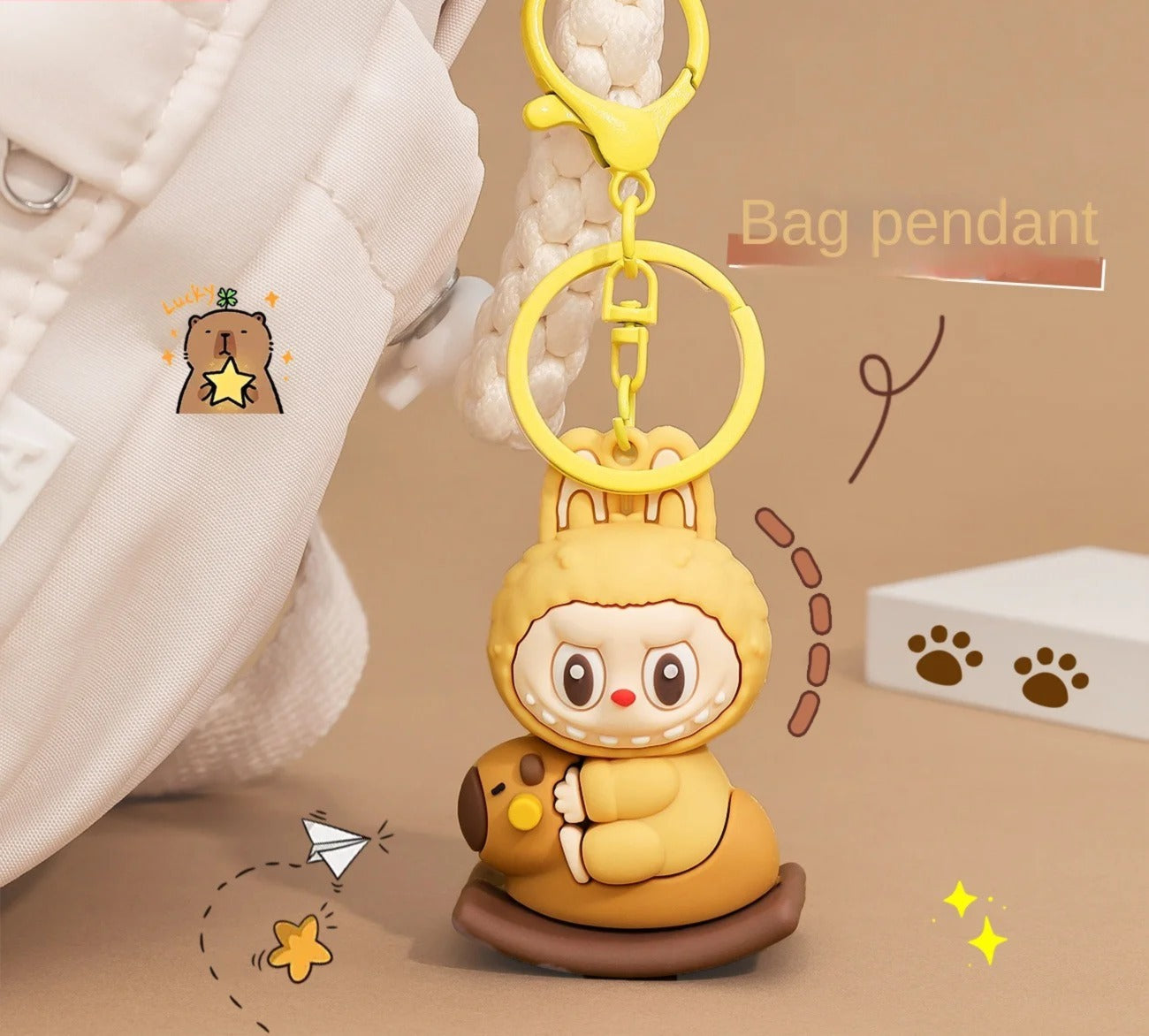 Labubu Unisex Rabbit Keychain Rocking Trojan Schoolbag Pendant Three-Dimensiona Doll