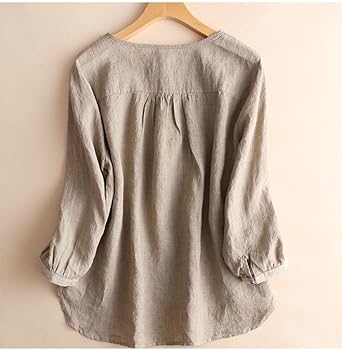 Cotton Linen Round Neck Loose Blouse and Three Quarter Sleeve for Women