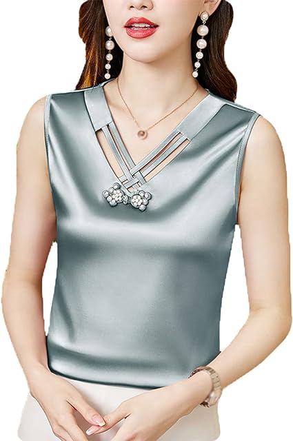 Elegant Sleeveless Satin V Neck Blouse for Woman