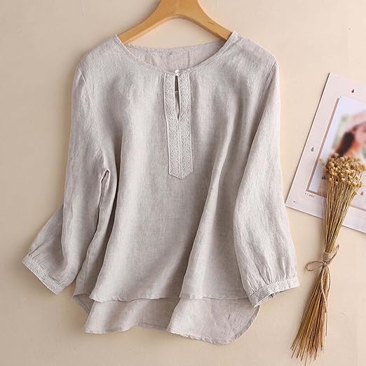 Cotton Linen Round Neck Loose Blouse and Three Quarter Sleeve for Women