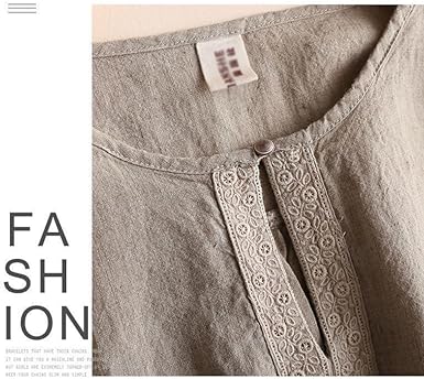 Cotton Linen Round Neck Loose Blouse and Three Quarter Sleeve for Women