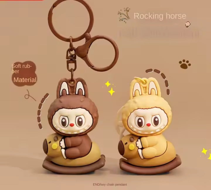 Labubu Unisex Rabbit Keychain Rocking Trojan Schoolbag Pendant Three-Dimensiona Doll