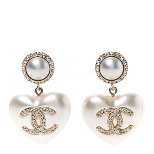 Pearl Crystal CC Heart Drop Earrings