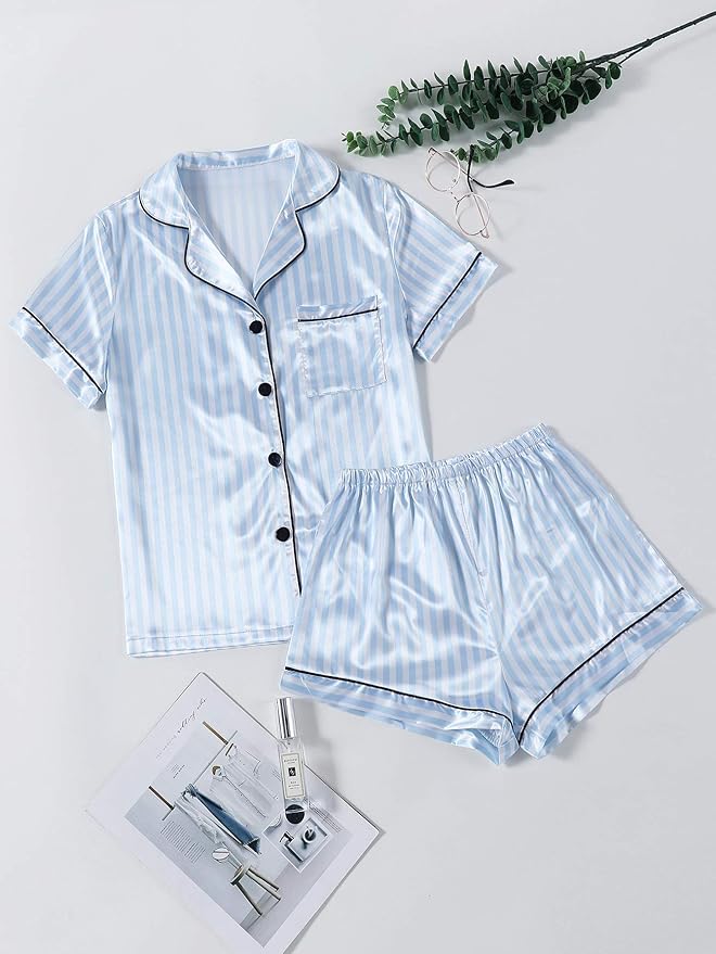 Two Piece Silk Satin Pajama Set for Women
