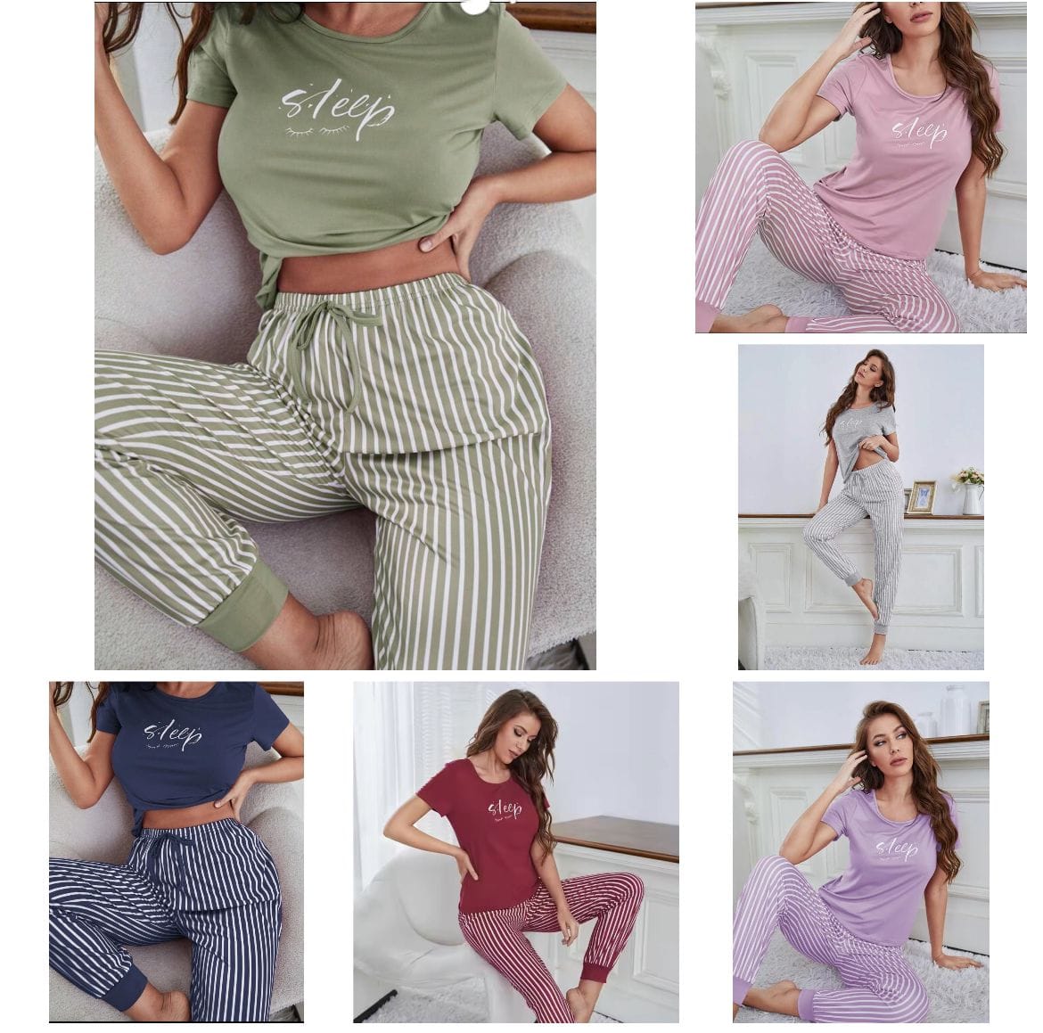 Short Sleeve Top & Striped Pants, Home Wear Women's Long Pajamas