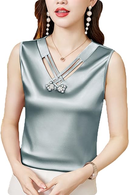 Elegant Sleeveless Satin  V Neck Blouse for Woman