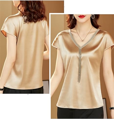 Elegant and Satin V-neck and Bat Sleeve Blouse with Tassel for Women