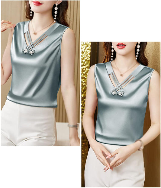 Elegant Sleeveless Satin  V Neck Blouse for Woman