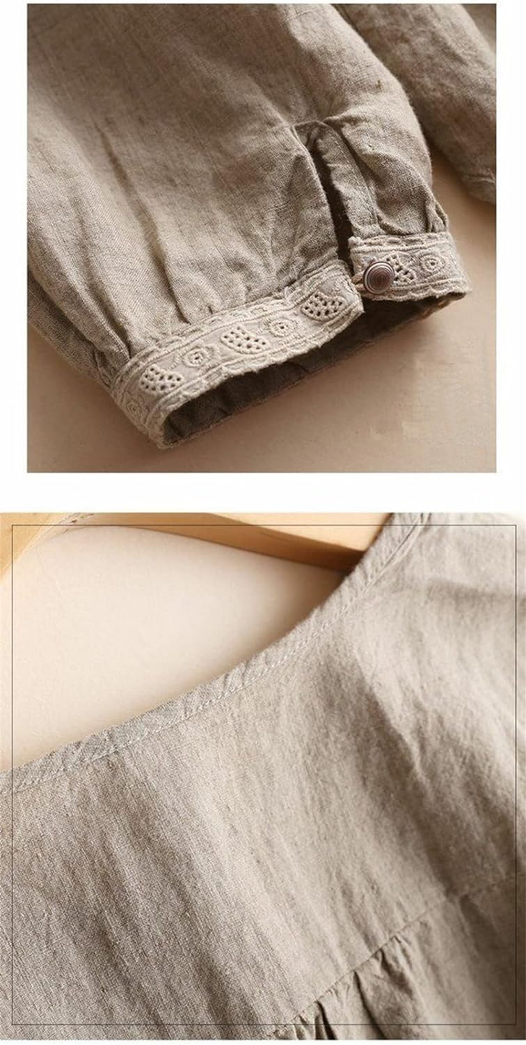 Cotton Linen Round Neck Loose Blouse  and Three Quarter Sleeve for Women