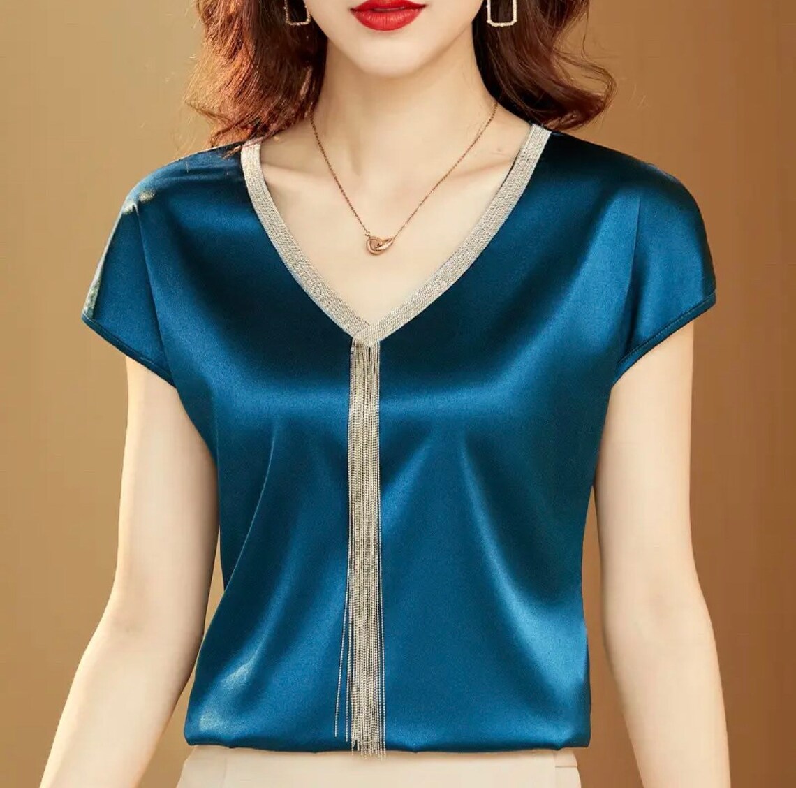 Elegant and Satin V-neck and Bat Sleeve Blouse with Tassel for Women