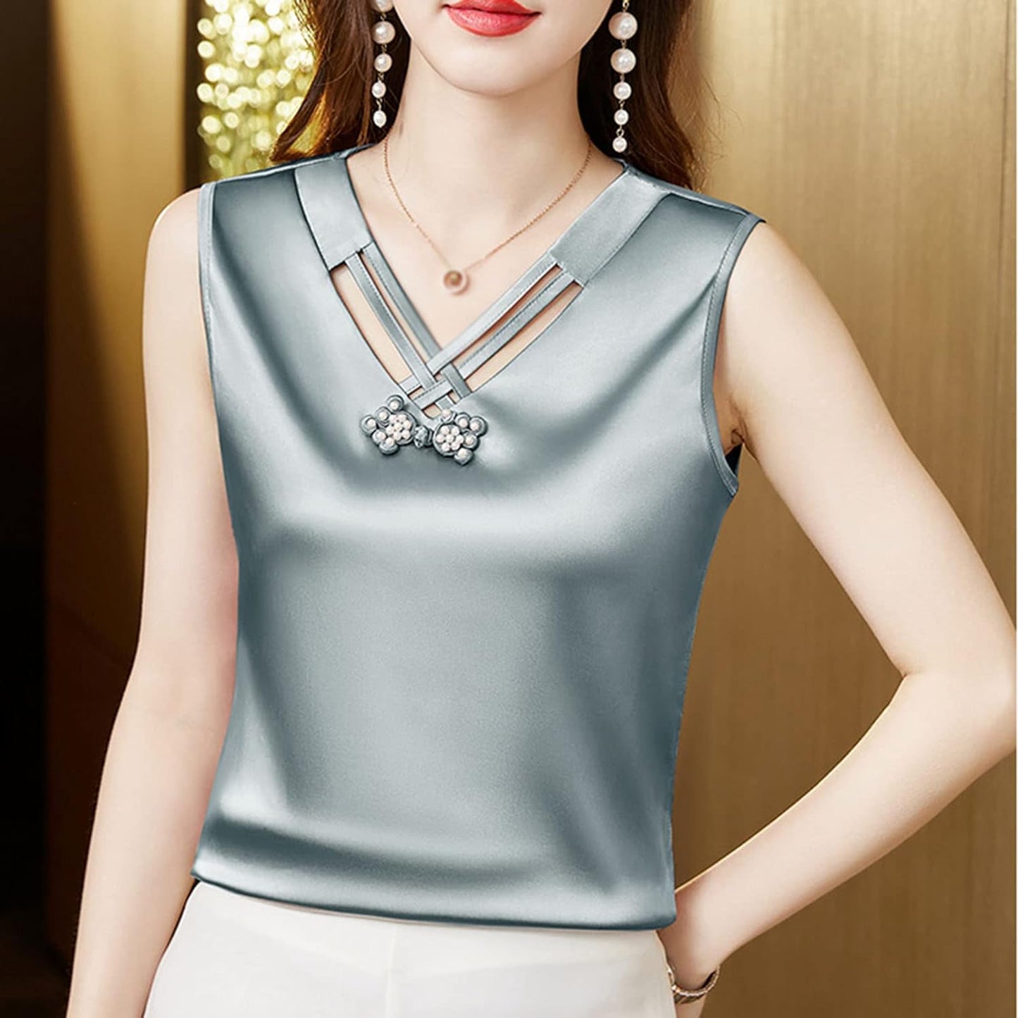 Elegant Sleeveless Satin  V Neck Blouse for Woman