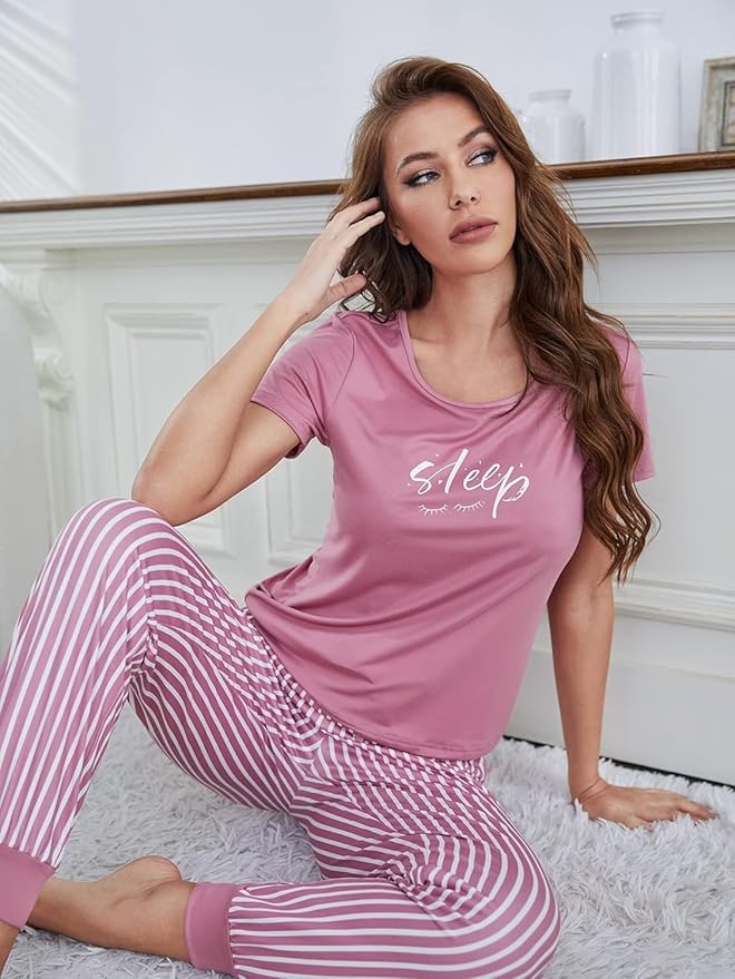 Short Sleeve Top & Striped Pants, Home Wear Women's Long Pajamas