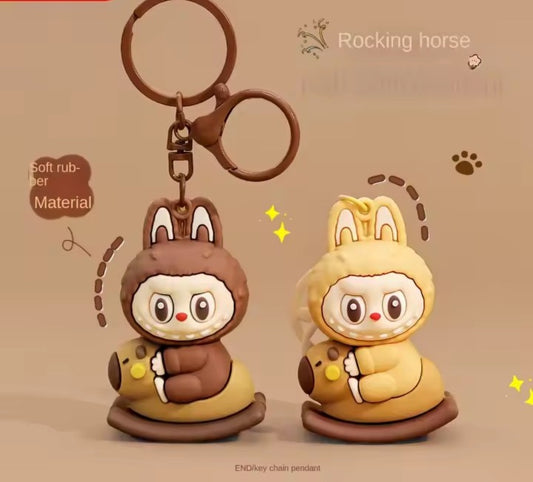 Labubu Unisex Rabbit Keychain Rocking Trojan Schoolbag Pendant Three-Dimensiona Doll