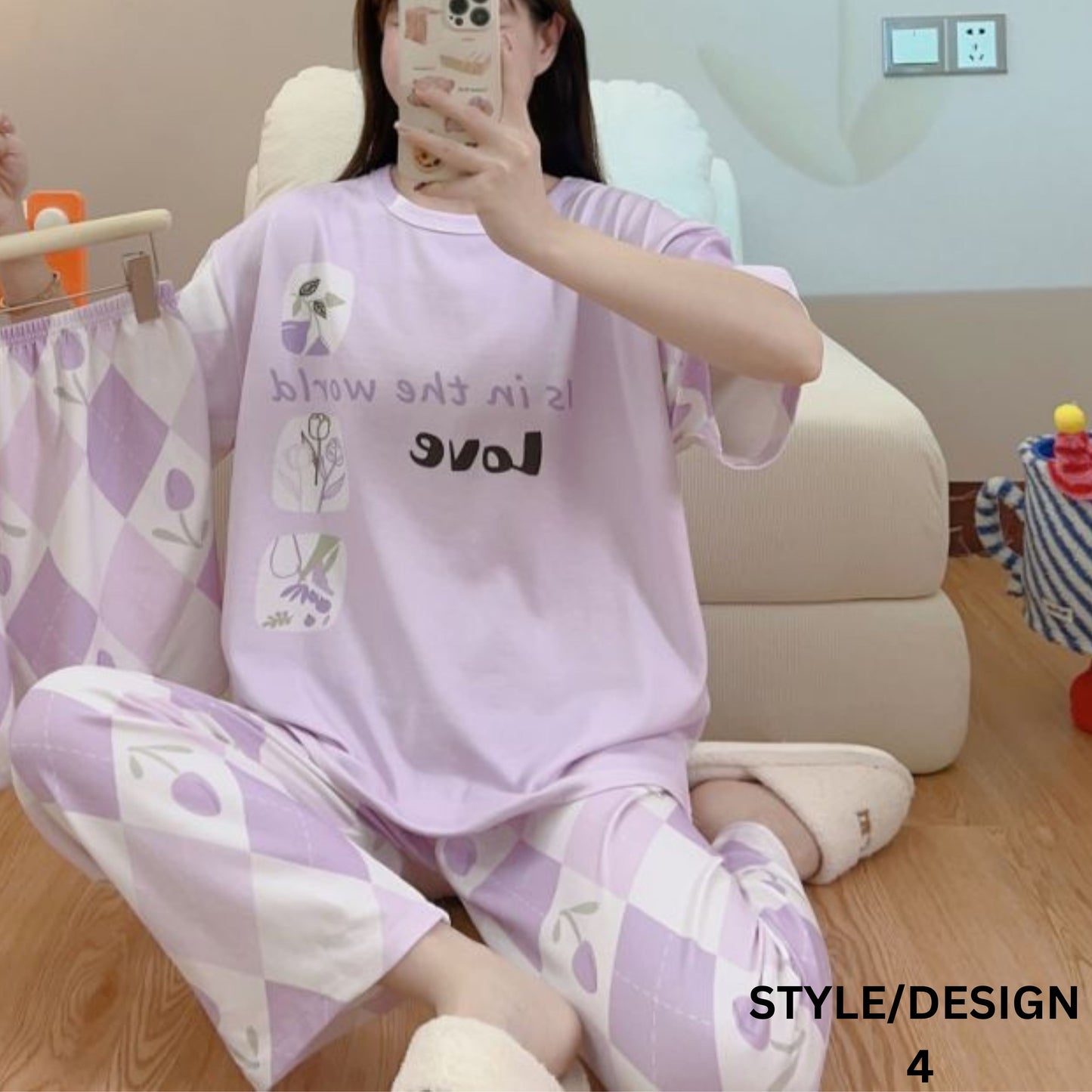 Two-pieces of Pajamas Set Shirt and Long Pants (Free Size)