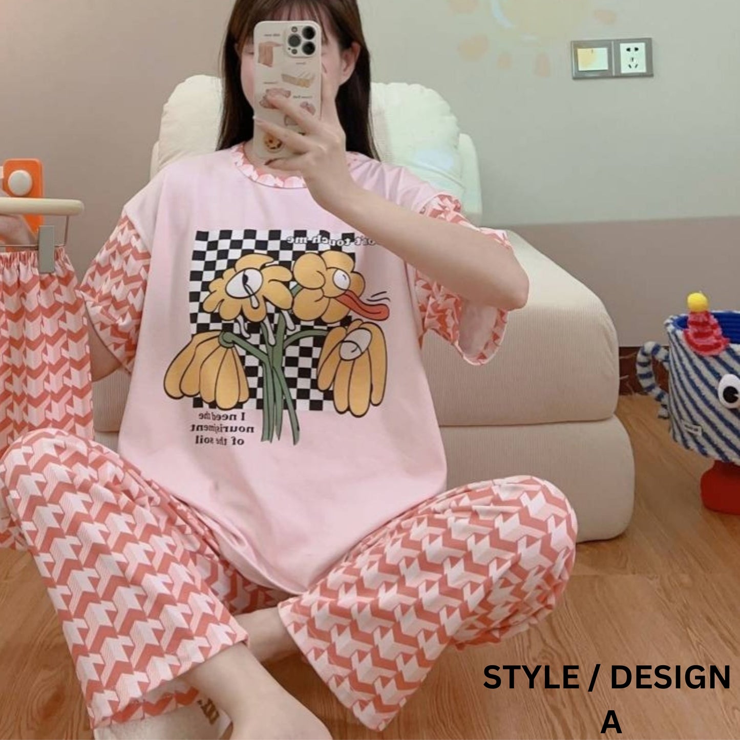 Two-pieces of Pajamas Set Shirt and Long Pants (Free Size)