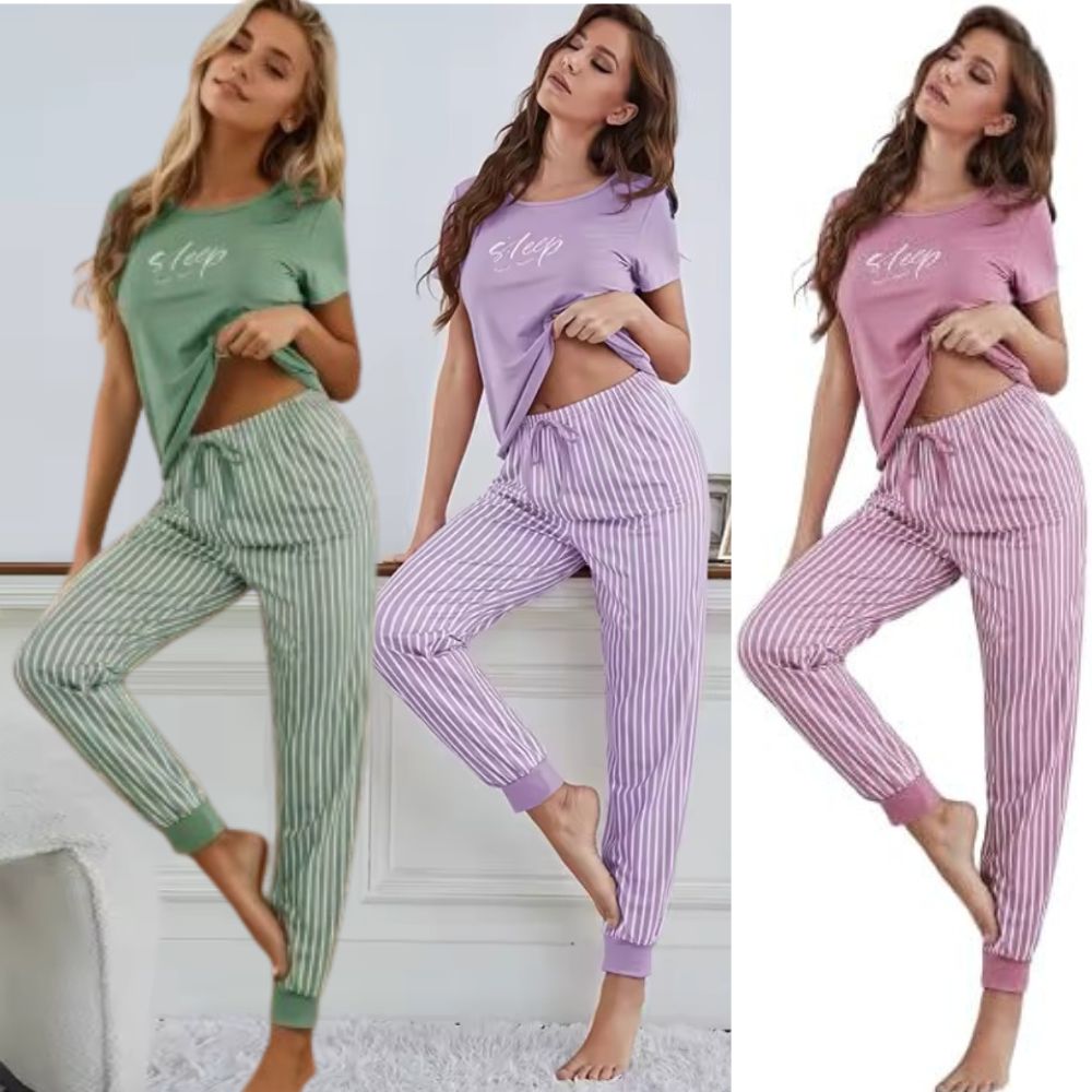 Short Sleeve Top & Striped Pants, Home Wear Women's Long Pajamas