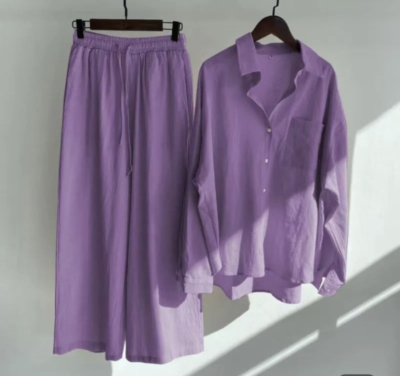 Cotton Linen Loose Pants and Long Sleeeves Set for Women