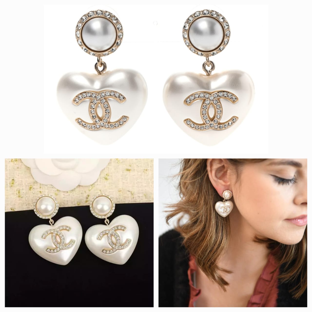 Pearl Crystal CC Heart Drop Earrings