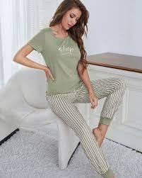 Short Sleeve Top & Striped Pants, Home Wear Women's Long Pajamas