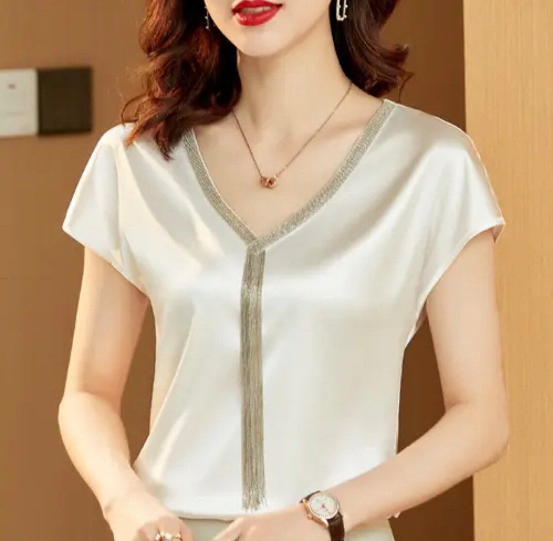 Elegant and Satin V-neck and Bat Sleeve Blouse with Tassel for Women