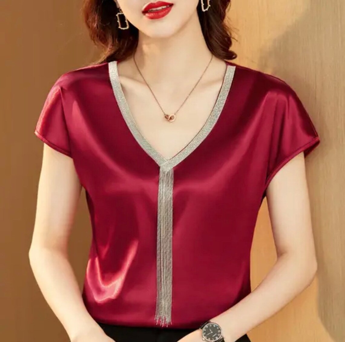 Elegant and Satin V-neck and Bat Sleeve Blouse with Tassel for Women