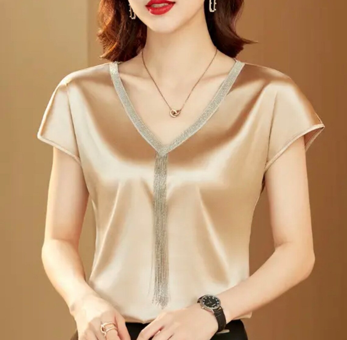 Elegant and Satin V-neck and Bat Sleeve Blouse with Tassel for Women