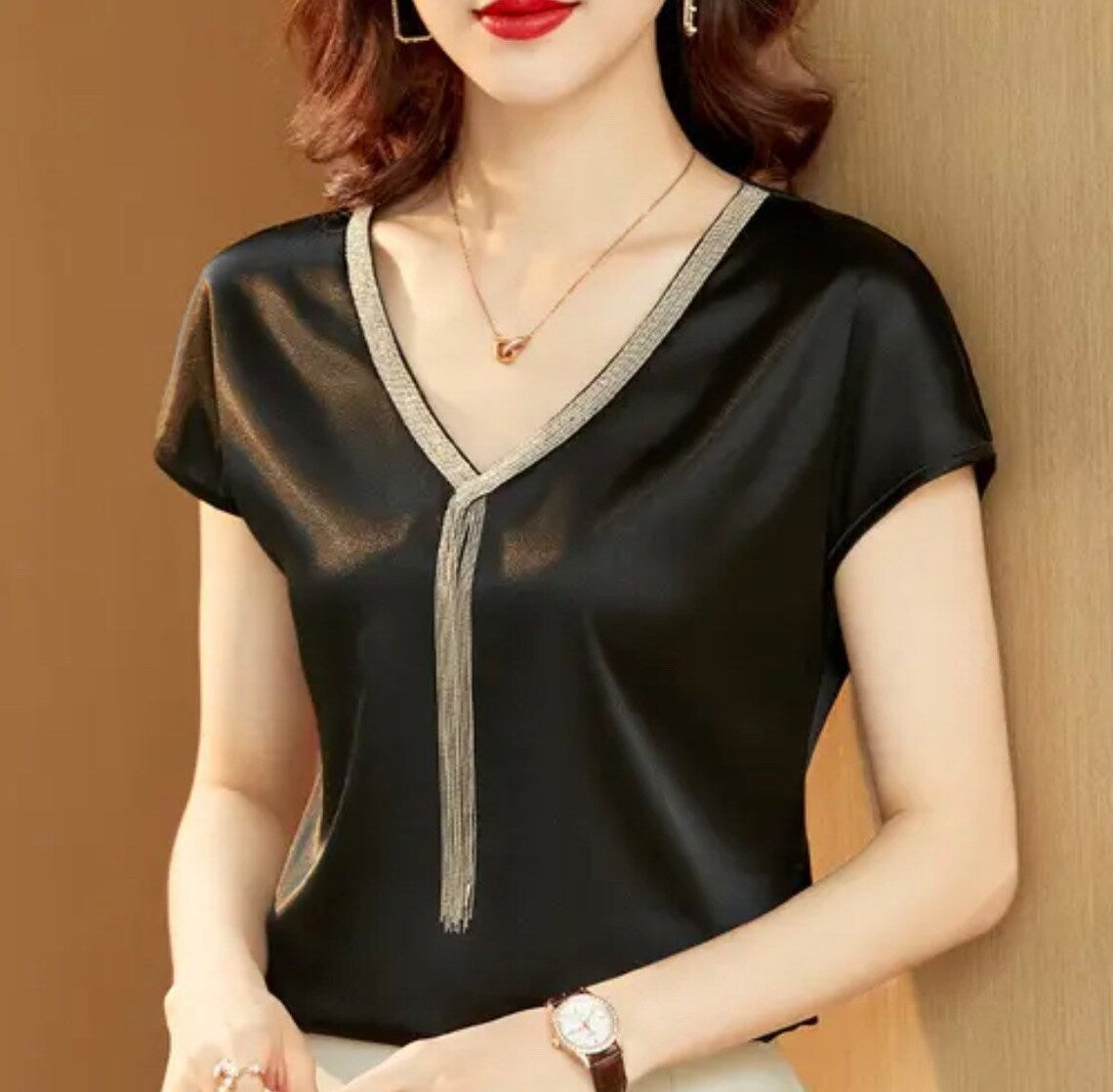 Elegant and Satin V-neck and Bat Sleeve Blouse with Tassel for Women