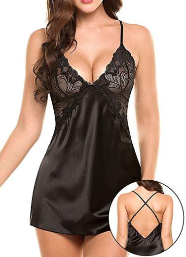 Elegant and Sexy Satin Cross Strap See Through Mini Nightdress -