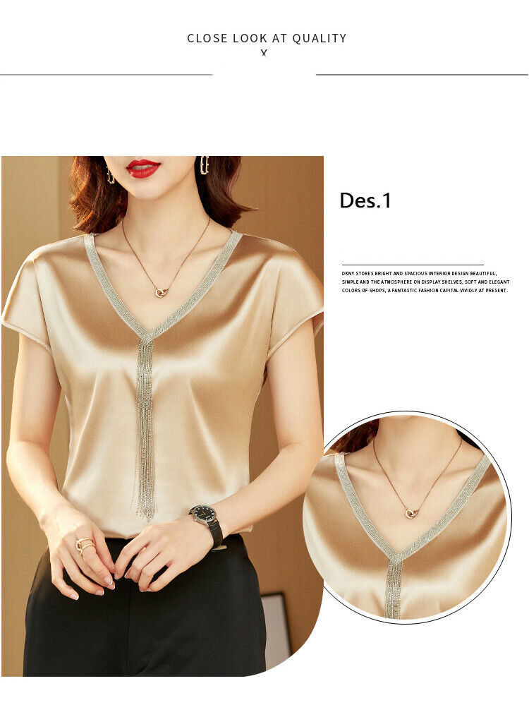 Elegant and Satin V-neck and Bat Sleeve Blouse with Tassel for Women