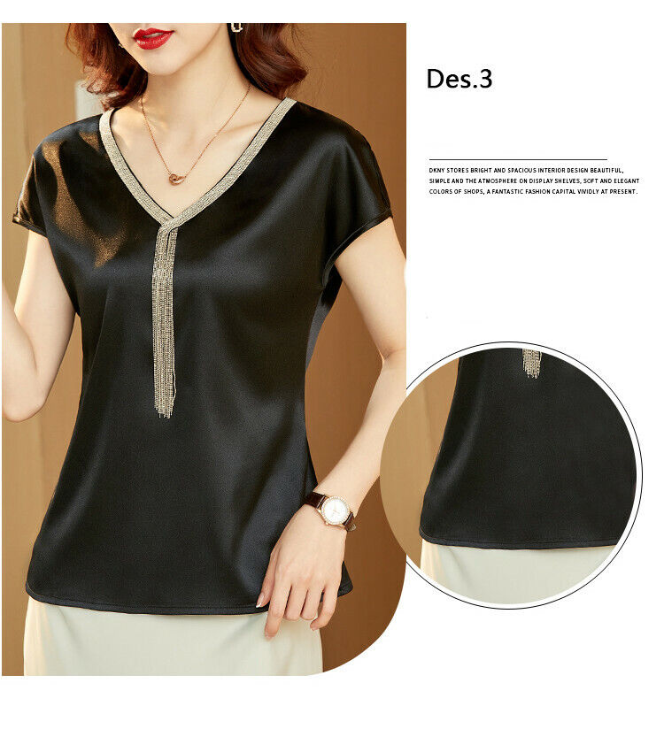 Elegant and Satin V-neck and Bat Sleeve Blouse with Tassel for Women