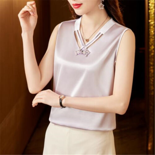 Elegant Sleeveless Satin  V Neck Blouse for Woman