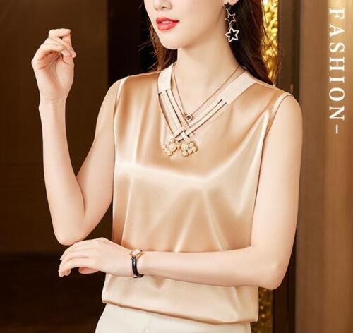 Elegant Sleeveless Satin  V Neck Blouse for Woman