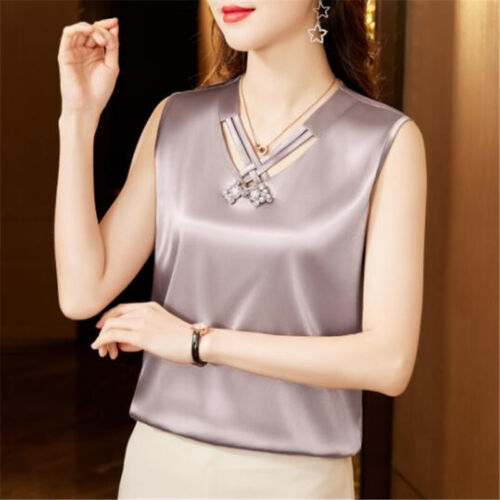 Elegant Sleeveless Satin  V Neck Blouse for Woman