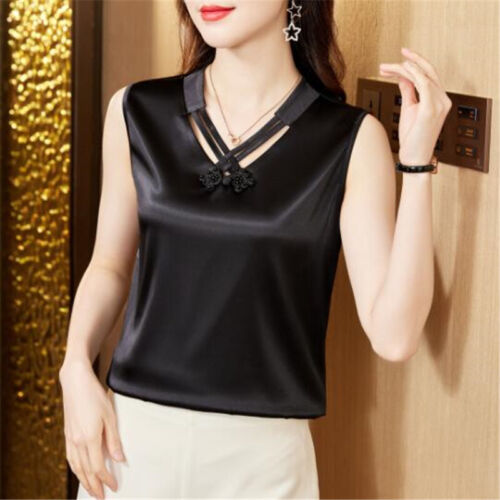 Elegant Sleeveless Satin  V Neck Blouse for Woman